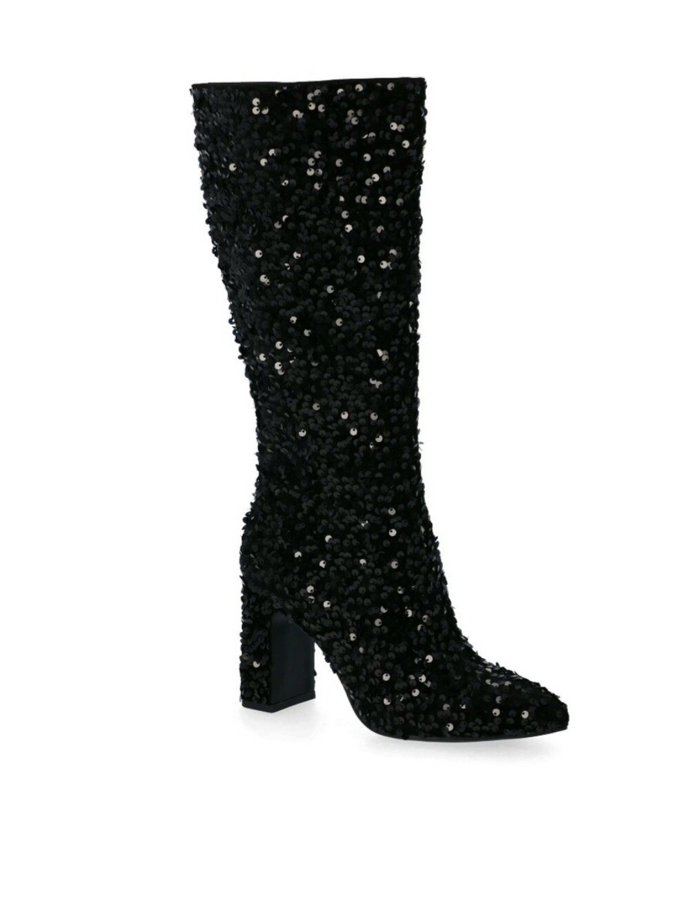 Sequin Mid-Calf Block Heel Boots - Black